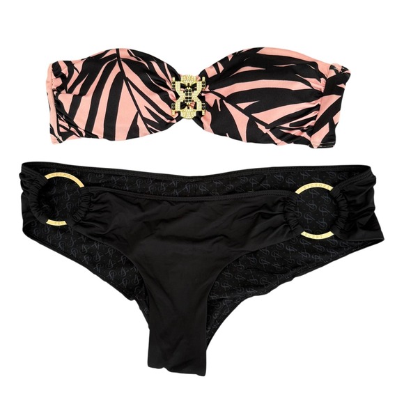 Victoria's Secret Other - Victorias Secret Bikini Pink Black Palm Bandeau Rhinestone Gold Low Rise S Top M